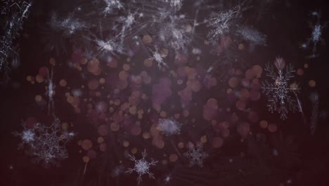 Multiple-snowflakes-icons-falling-over-yellow-spots-of-light-against-grey-background