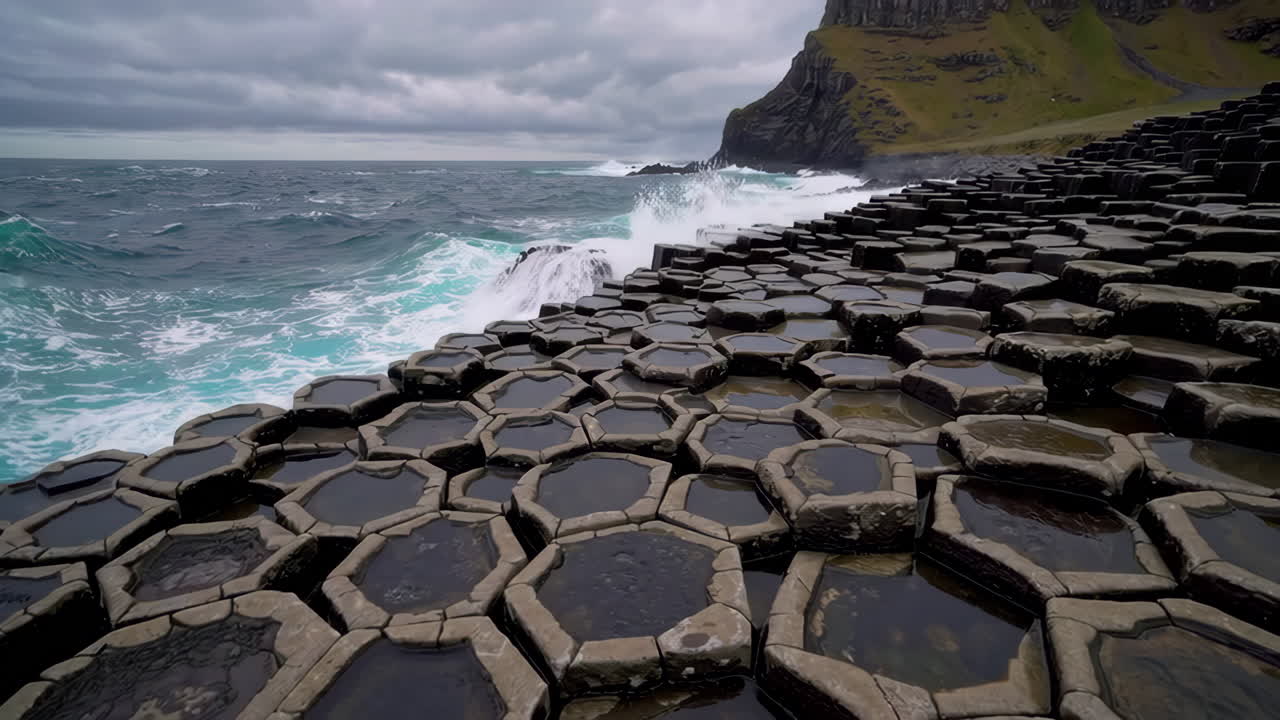 Dramatic Waves Crashing on Giant's Causeway Basalt Columns in Northern Ireland