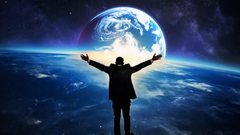 a man in a suit standing on the edge of space with his arms outstretched, looking at the earth