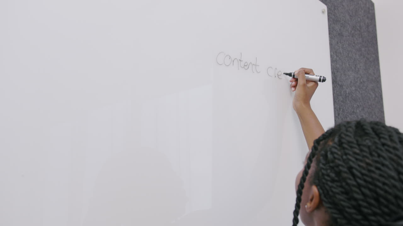 African woman writing on a whiteboard, sharing ideas and contributing to a team discussion in a professional environment