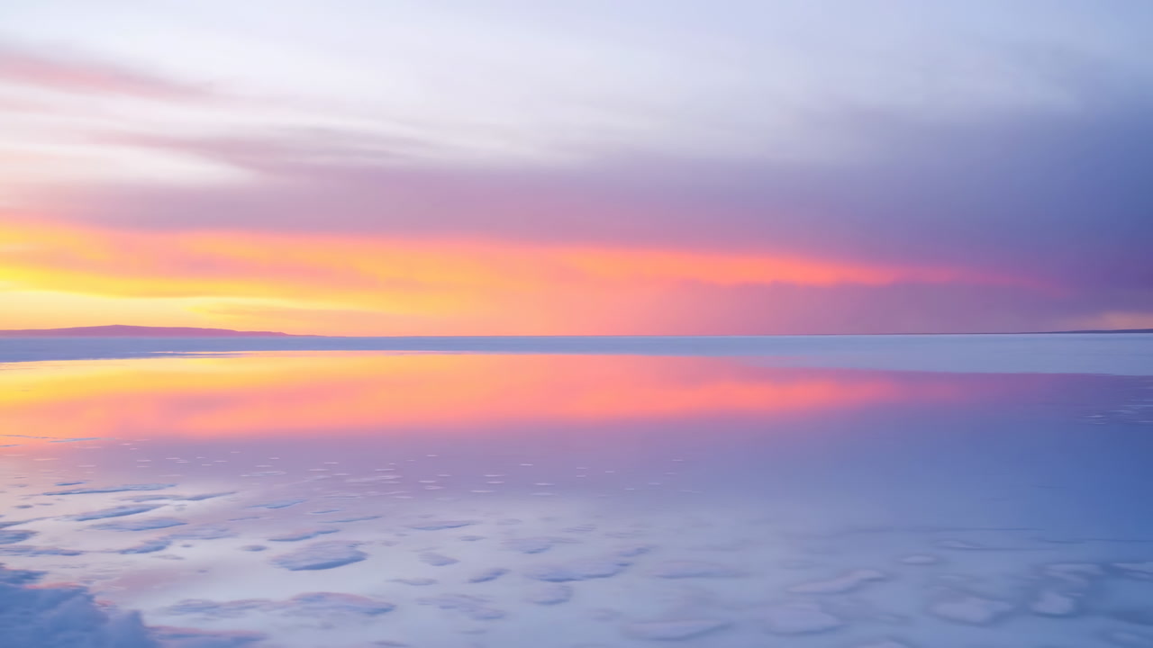 Soft Pastel Sunrise Over Icy Flats, Pale Pink And Orange Horizon Reflecting On Shallow Mirrored Water,