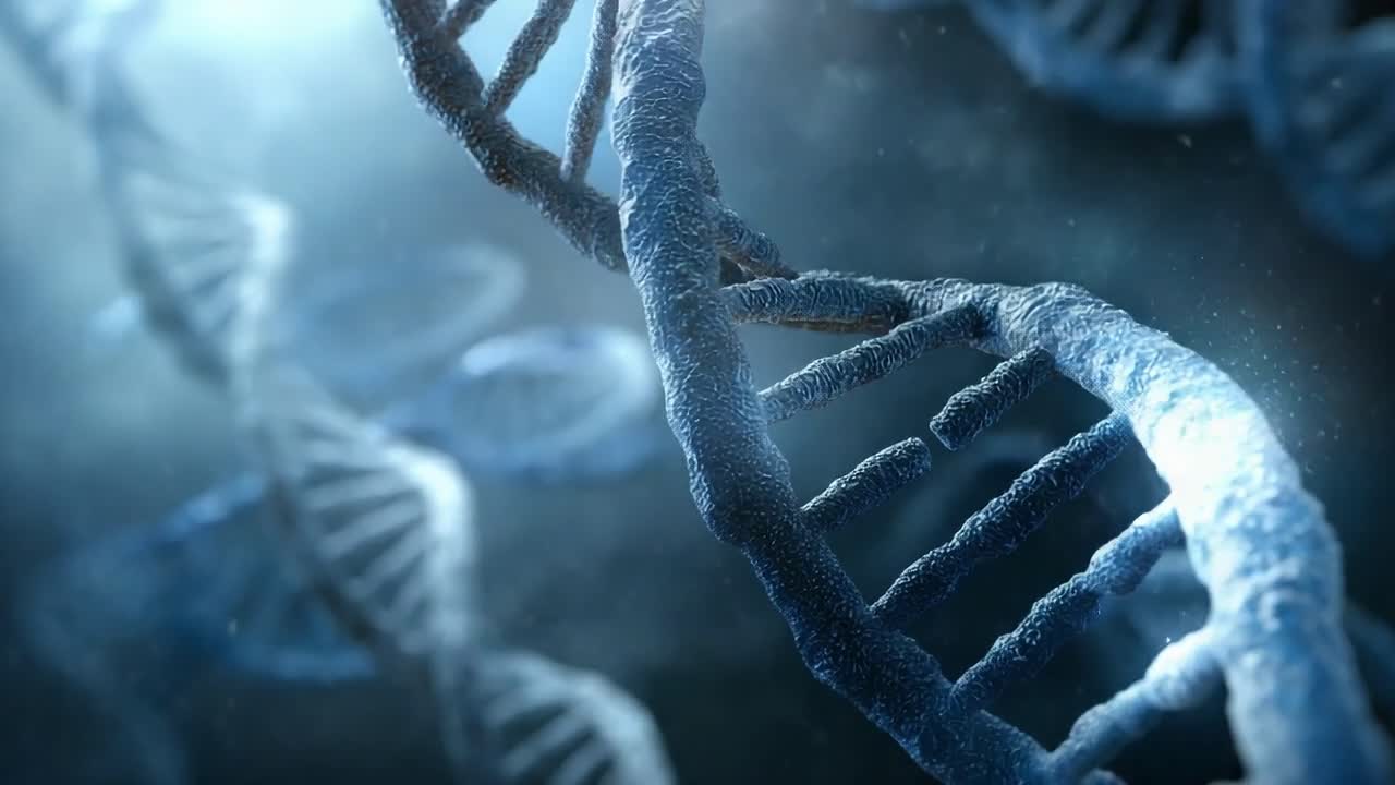 Exploring the Intricate Beauty of DNA: A Close-Up Look at the Helical Structure and Molecular Composition of Genetic Material in a Darkened Ambient Environment