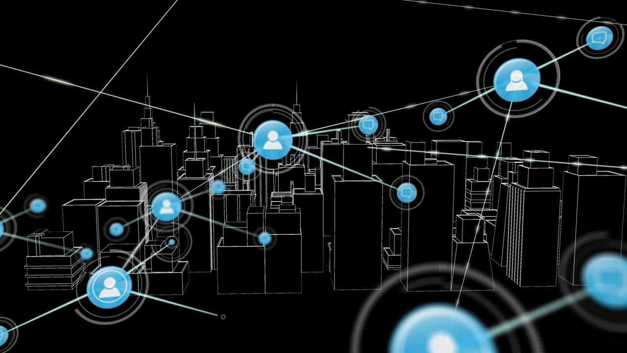 animación de redes de conexiones con iconos sobre el dibujo de la ciudad 3d girando sobre fondo negro