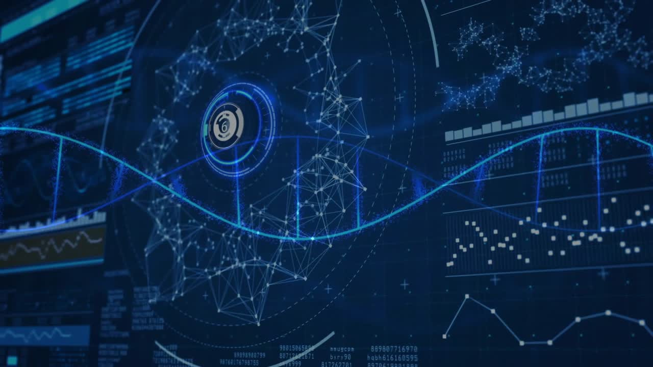 Circular icon emerging glowing, network growing, waveform sweeping, charts updating showing data