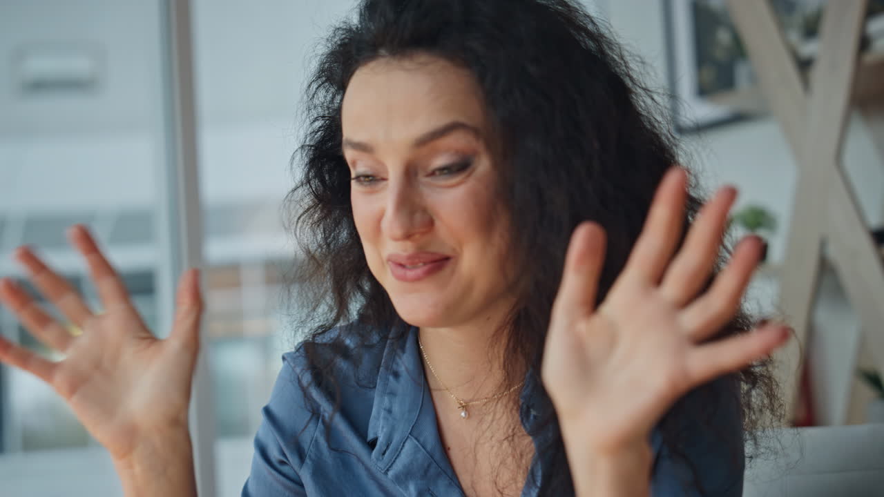 Portrait businesswoman call video conference. Cheerful executive talking web