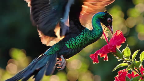 colorful bird feeding on a hibiscus flower