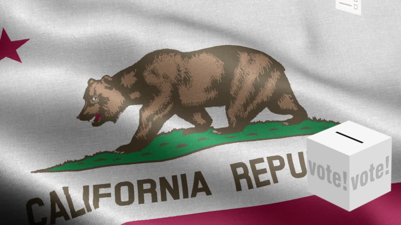 캘리포니아 주 - 투표용지가 캘리포니아 선택을 위해 상자에 날아갑니다 - 발 앞의 투표용지 - 선거 - 국가 발 캘리포니아 주 파동 패턴 루프 가능한 요소 - 직물 질감과 끝없는 루프 - 캘리포니아 주 루프 가능한 발