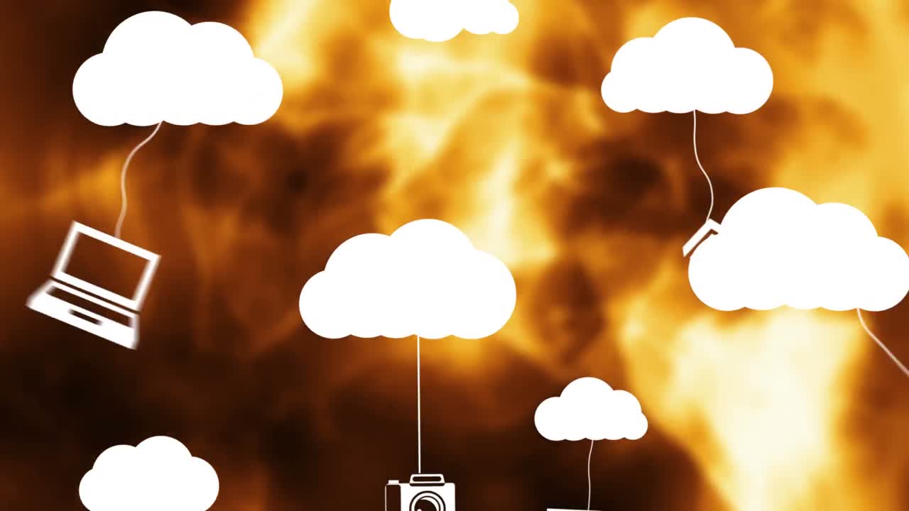 animación de iconos de medios con nubes sobre rastros de luz