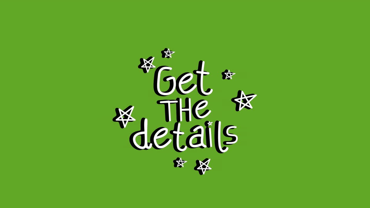 animación de palabras blancas obtener los detalles con estrellas, parpadeando en el fondo de ladrillo verde