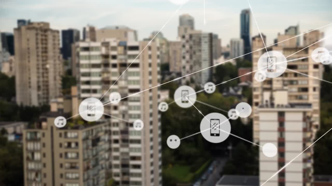 도시 풍경 위의 아이콘으로 연결된 네트워크의 애니메이션