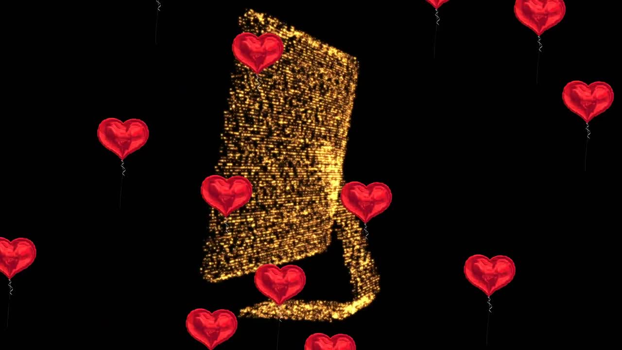 несколько красных воздушных шаров в форме сердца плавают на 3d-компьютерной модели, вращающейся на черном фоне