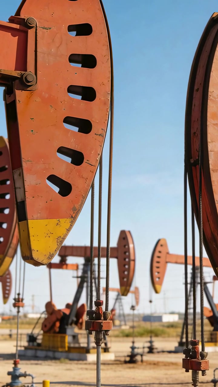 Vertical video: Motor engaging, pumpjack nodding at oilfield as 2 hardhat techs checking for repair
