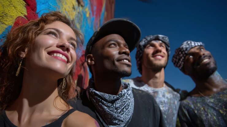 Group of People Smiling and Looking Up Near Graffiti Wall