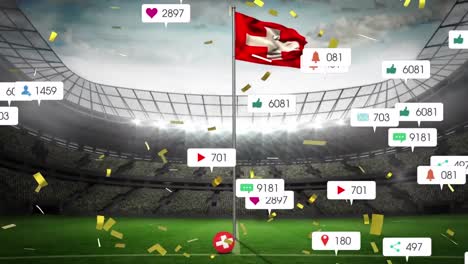 animation of social media icons and confetti falling over waving switzerland flag and sports stadium