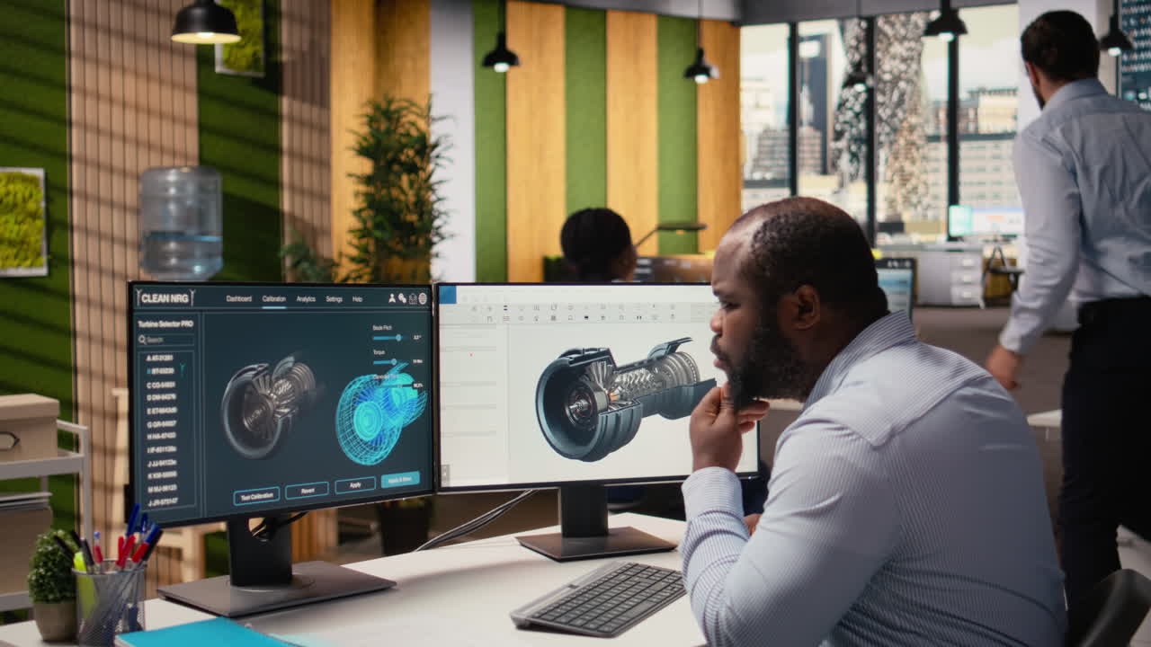 Engineer In Office Working On Wind Turbine Component Cad Design