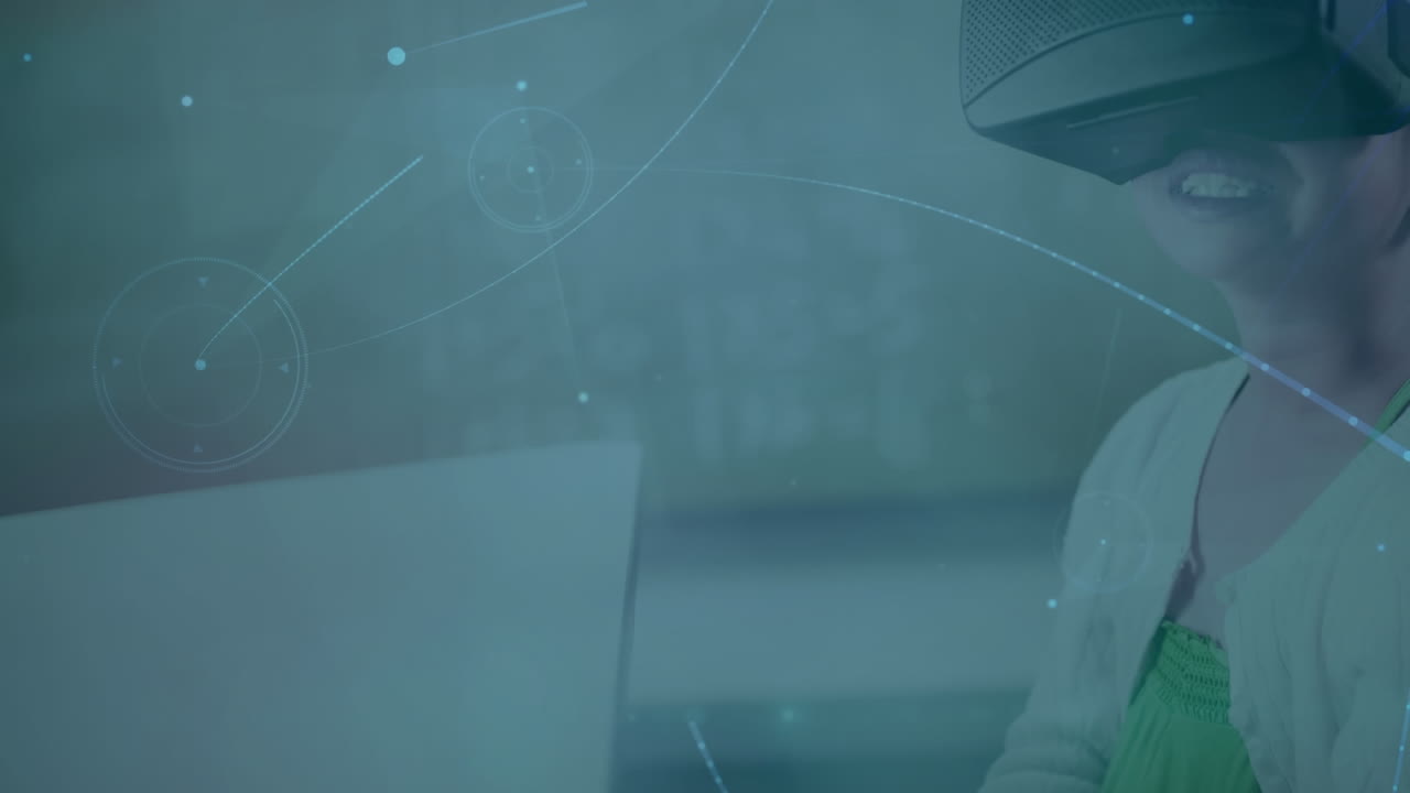 animación de la red de conexiones sobre la mujer que usa auriculares vr