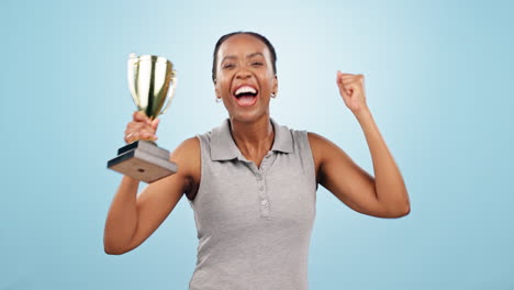 Happy-black-woman,-trophy-and-fist-pump