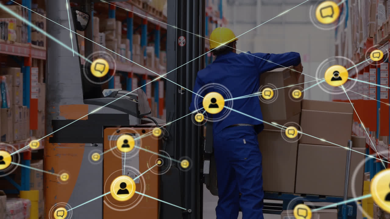 Animation of network of connections with icons over caucasian man working in warehouse