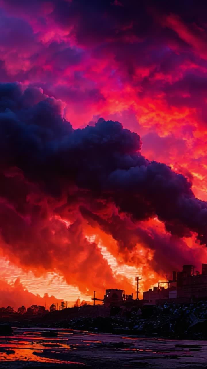 Dramatische Sonnenuntergangshimmel mit feurigen Farbtönen und geheimnisvollen Wolken über Industrielandschaft, die die Schönheit der Natur inmitten städtischer Umgebungen einfangen