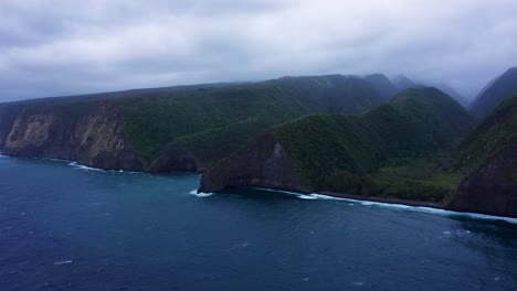 lush green cliffs merge with drifting coastal mist, towering above dark blue waves and creating a remote, windswept shoreline under brooding skies.
