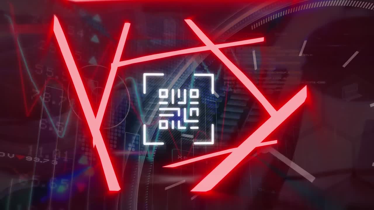 animación del código qr con reloj en movimiento y procesamiento de datos sobre las manos escribiendo en el teclado