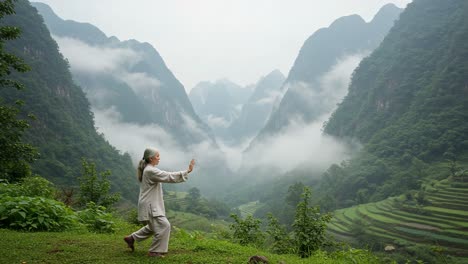 a serene practitioner in a vast mountainous landscape engaging in traditional meditation and movement, embodying harmony with nature and peaceful existence