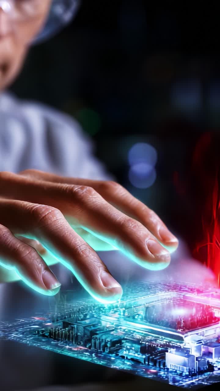 Innovative Technologist Interacting with a Circuit Board, Displaying a Fusion of Modern Electronics and Vibrant Light Effects in a Futuristic Setting