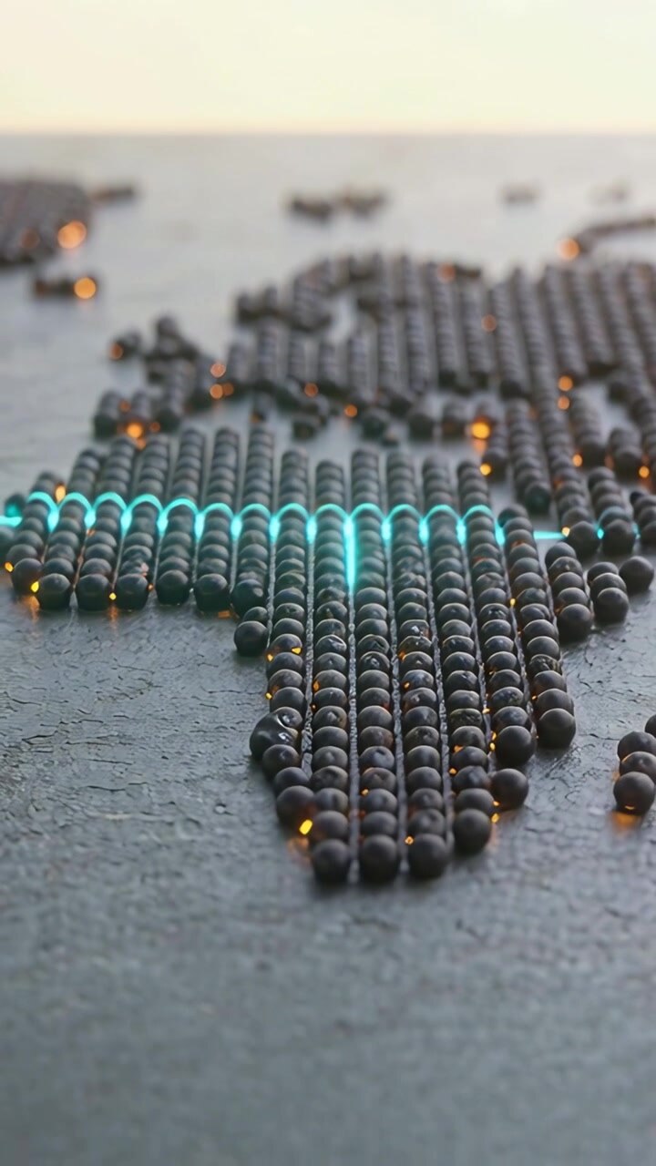 Vertical video: Cyan line appearing sweeping beads on dark tabletop, tracing shape and amber glints