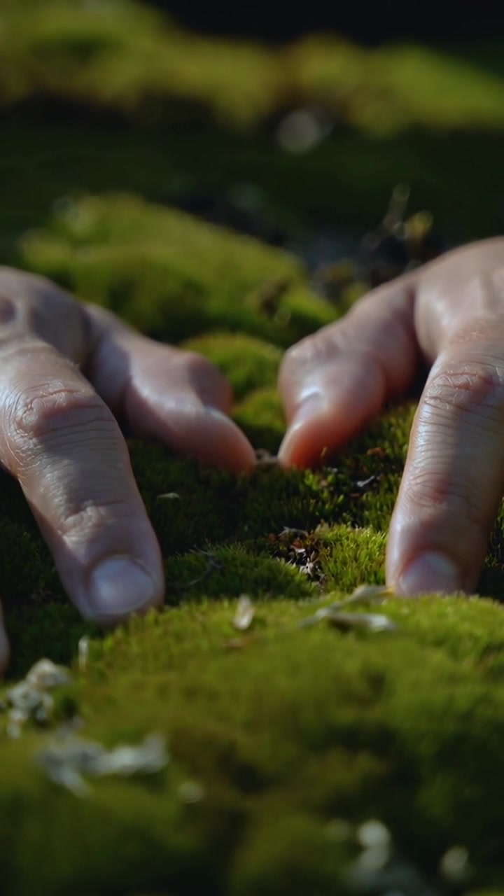 Vertical video: Fingertips touching green moss, two hands probing moss texture on forest floor
