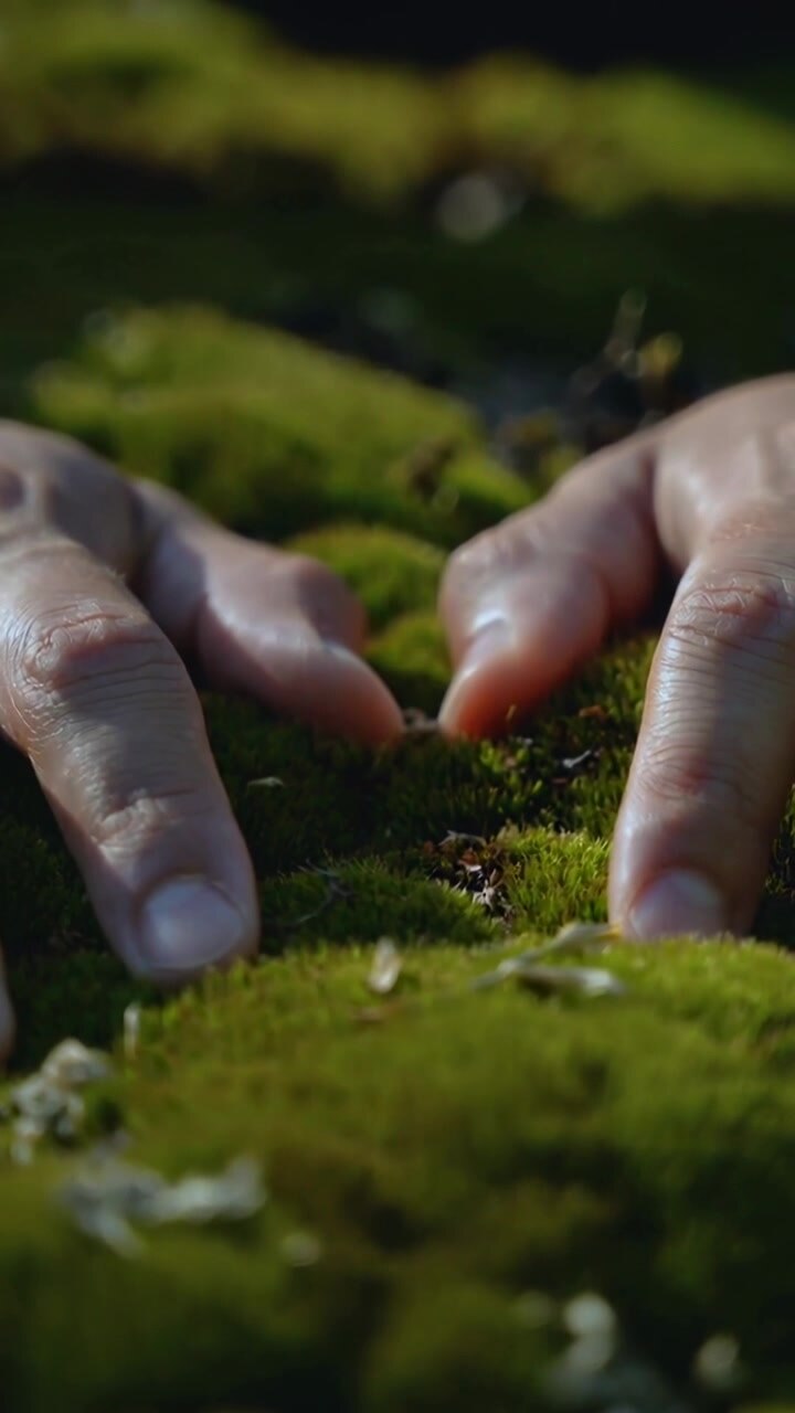 Vertical video: Fingertips touching green moss, two hands probing moss texture on forest floor