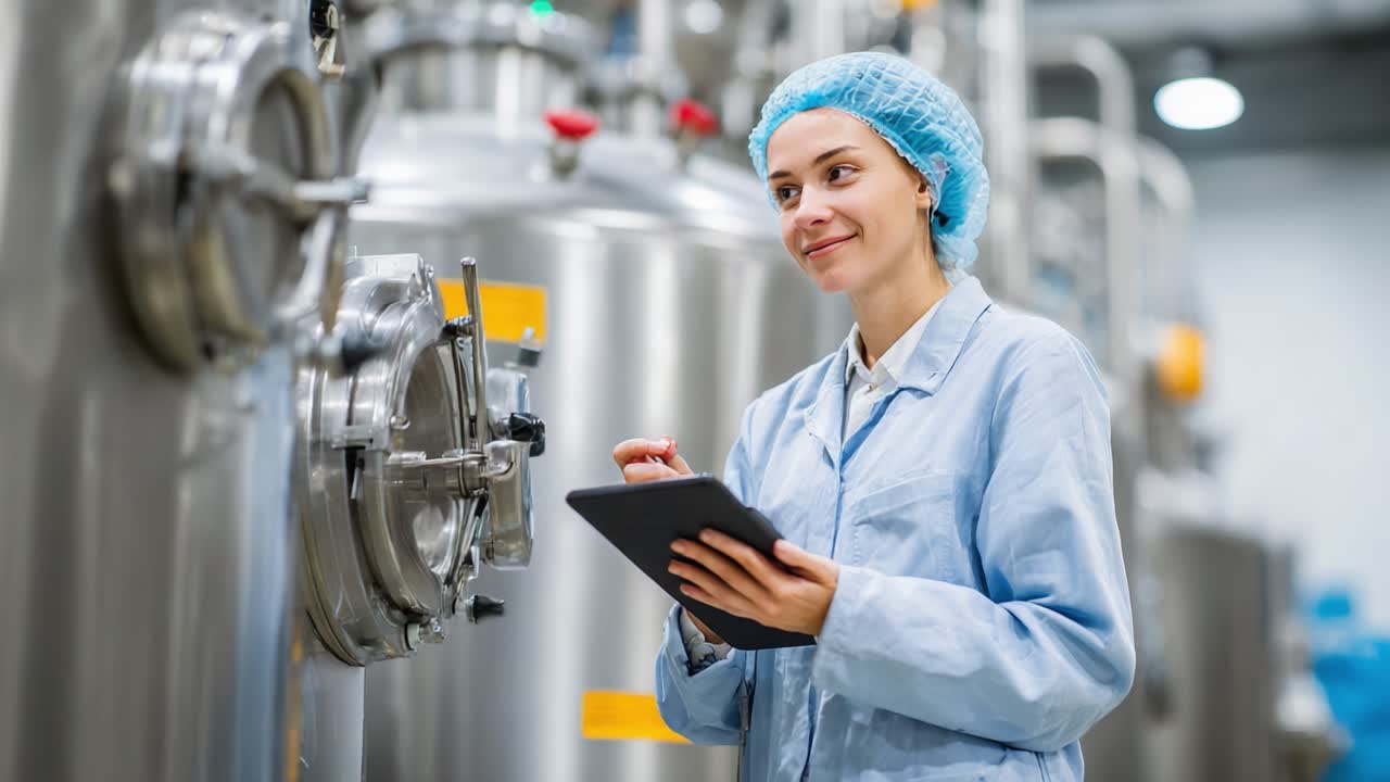 A Dedicated Technician Monitors Equipment in a Modern Factory Setting, Recording Data for Quality Control and Operational Efficiency with a Tablet in Hand