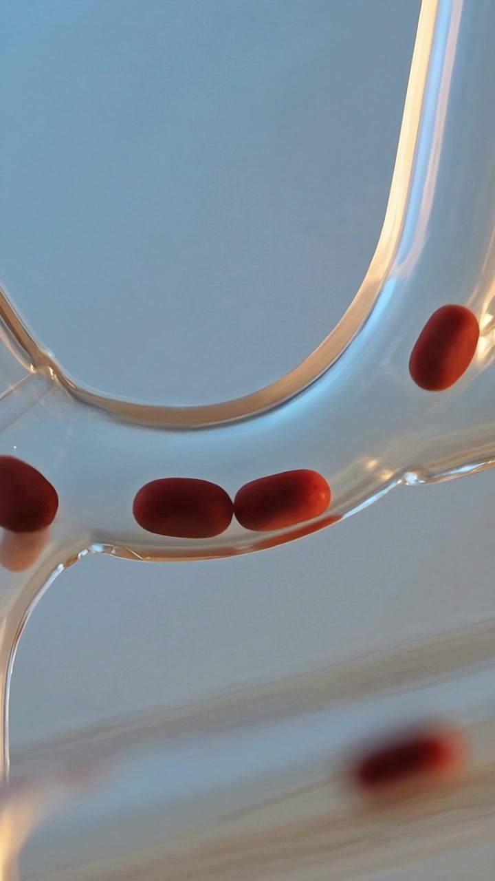 Video verticale: Avvio del flusso, tubi trasparenti che muovono perline rosse a sinistra lungo il laboratorio per il transito, con riflessi.