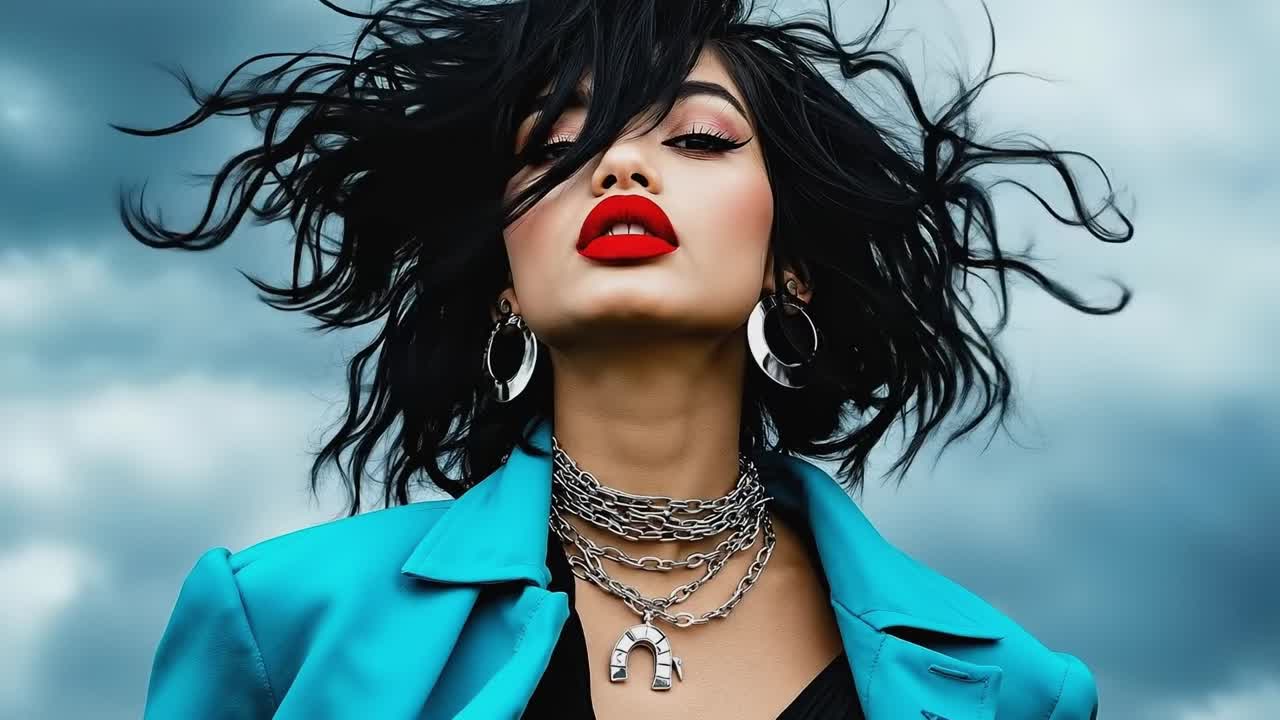 A woman with long black hair wearing a blue jacket and red lipstick