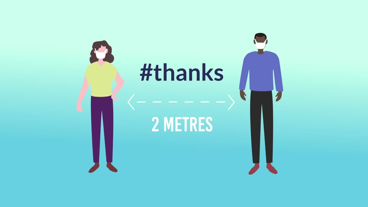 얼굴 마스크를 착용한 디지털 인간 모양으로  ⁇ 박이는 단어의 애니메이션 감사합니다.