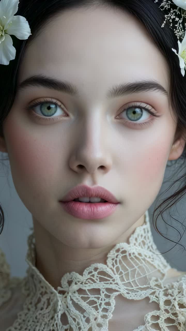 Vertical video: Opening shot framing model gazing at lens in studio, with lace collar, hair flower