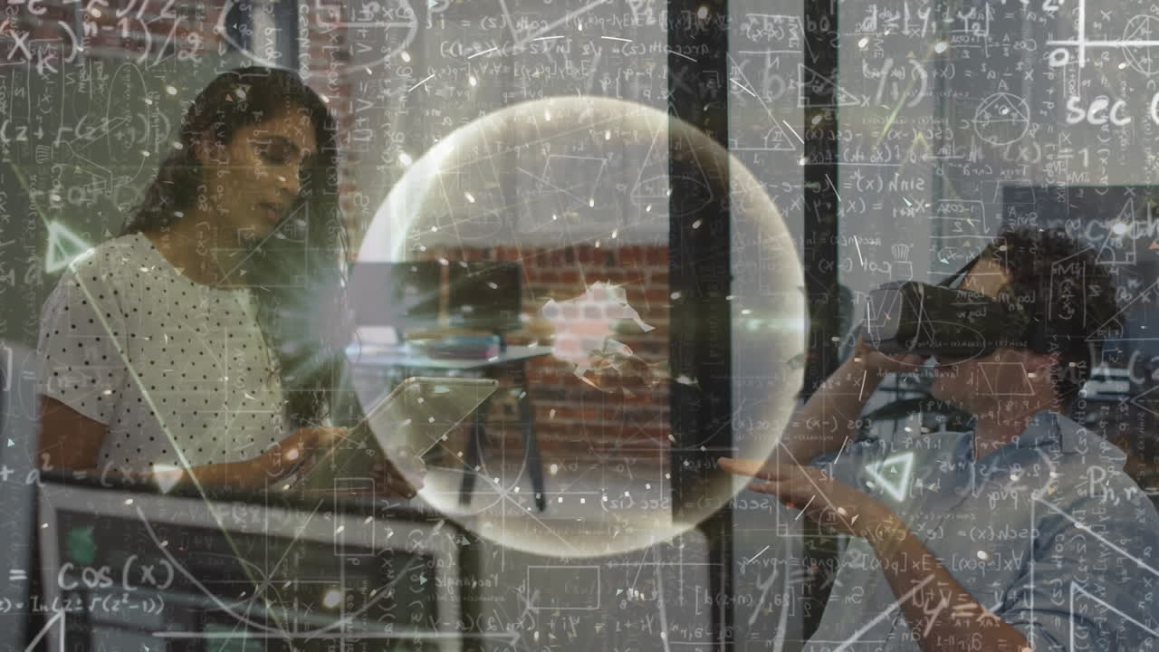 사무실에서 vr 헤드 ⁇ 을 착용하는 사업가에 대한 방정식의 애니메이션