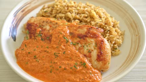 filete de pollo a la parrilla con salsa de curry rojo y arroz - estilo de comida musulmana