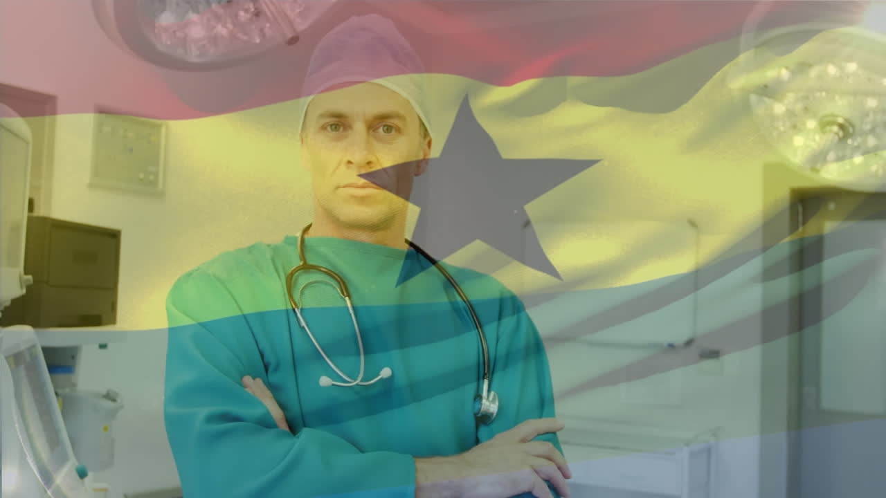 animación de la bandera de ghana ondeando sobre los cirujanos en el quirófano