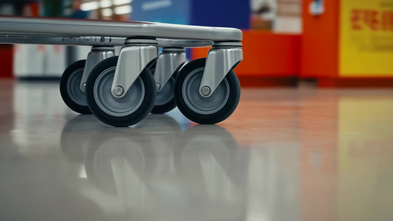 Low-angle view of shopping cart caster wheels moving across glossy supermarket tile, with brushed metal forks, black rubber tires, sharp reflections, and subtle pivoting under bright store lighting
