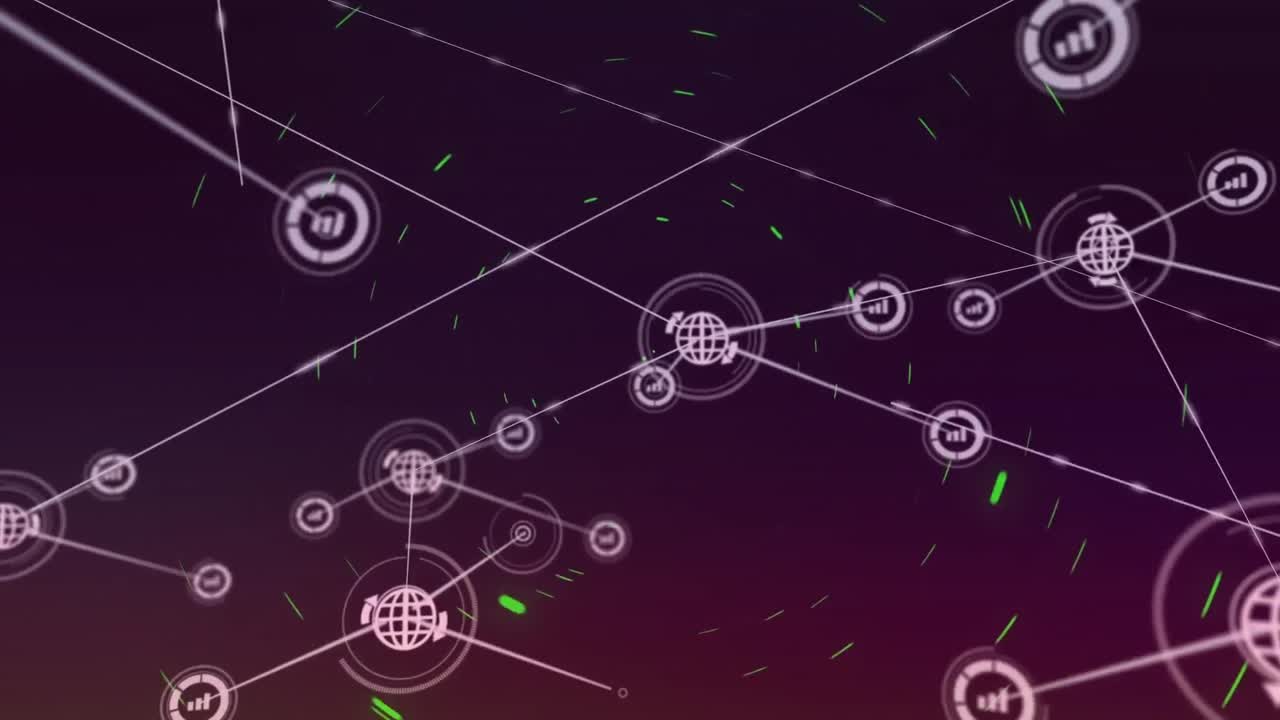 animación de una red de iconos digitales y rastros de luz que giran sobre un fondo de gradiente púrpura