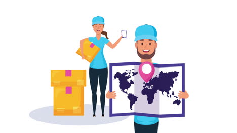 logistic couple workers with boxes and paper map