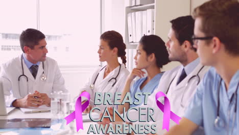 animation of pink breast cancer ribbon over group of discussing doctors