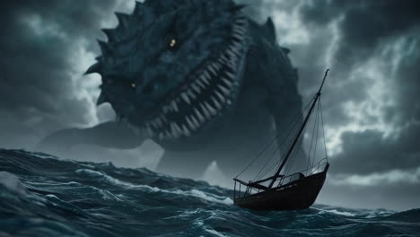 giant sea monster attacks a small ship in a storm