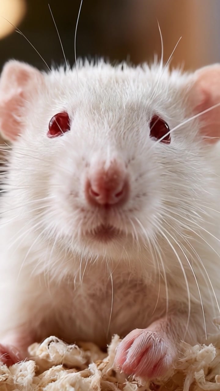 Primi Piani di un Adorabile Ratto Bianco che Evidenziano le Sue Caratteristiche ed Espressioni Uniche, Catturando le Complessità della Vita dei Roditori con Dettagli Straordinari