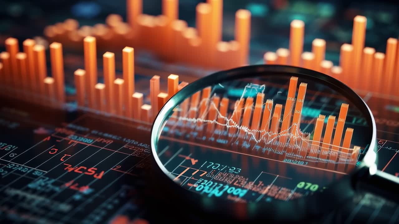 Ovenfra-perspektiv av finansielle grafer med et forstørrelsesglass, ideelt for en dataanalysevideo.