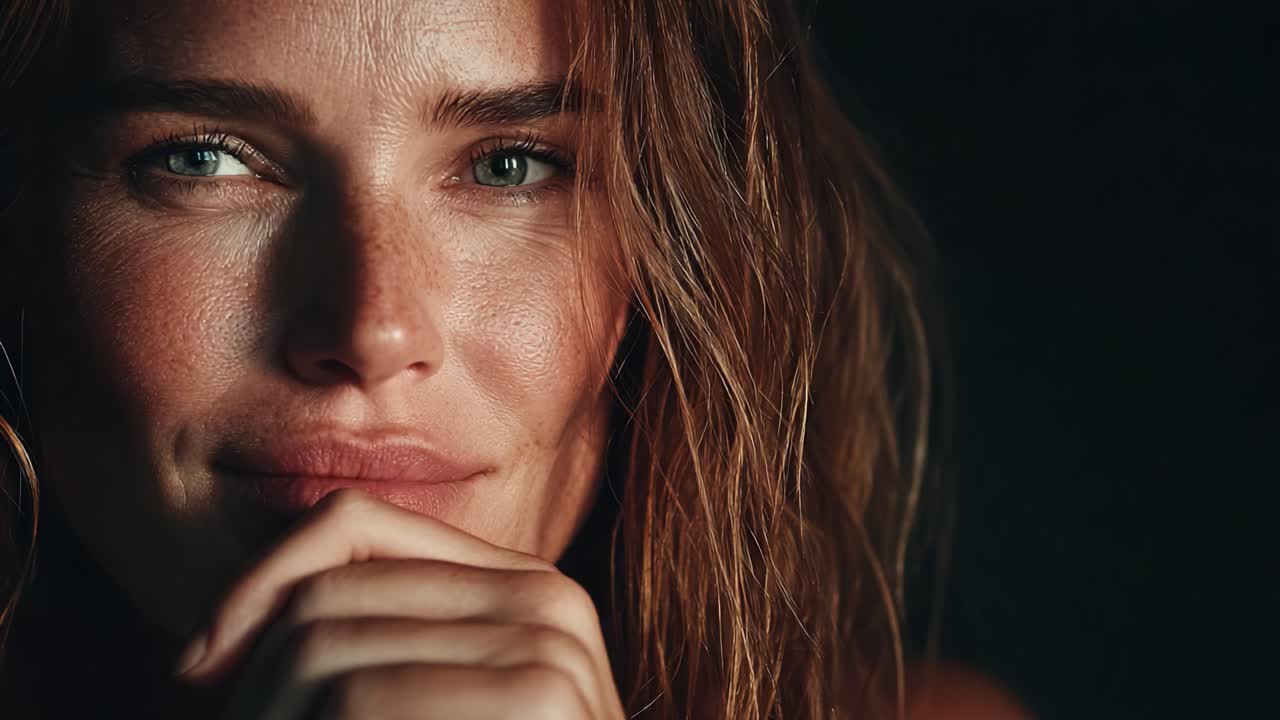 Captivating Expressions: A Close-Up of a Woman's Intimate Smile, Showcasing Natural Beauty and Emotions Through Her Thoughtful Gaze and Soft Features