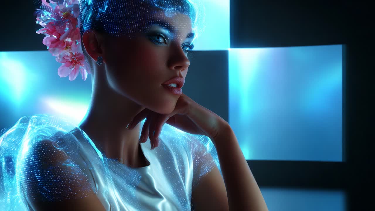 A stunning futuristic portrait of a mesmerizing female figure with glowing elements highlighting her delicate features, adorned with flowers, set against a vibrant, high-tech background that captivates the viewer