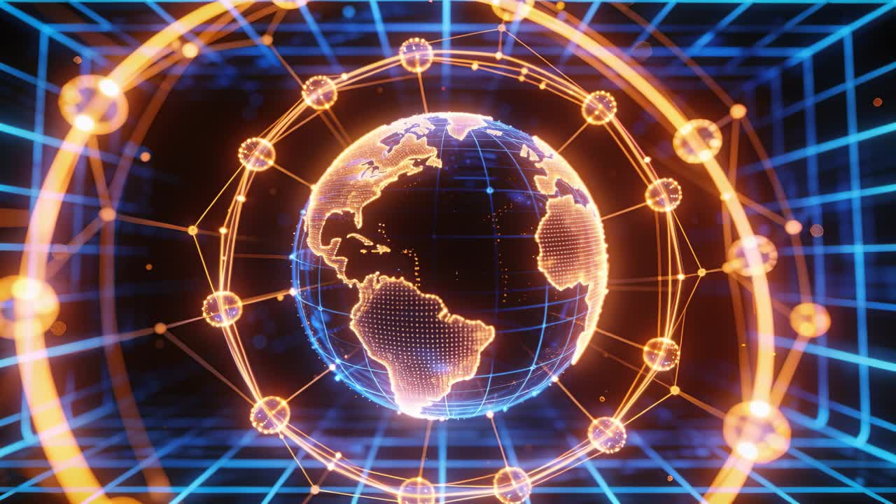 Vertical video: Pushing camera starting hologram globe turning, orbit ring pulsing, showing network