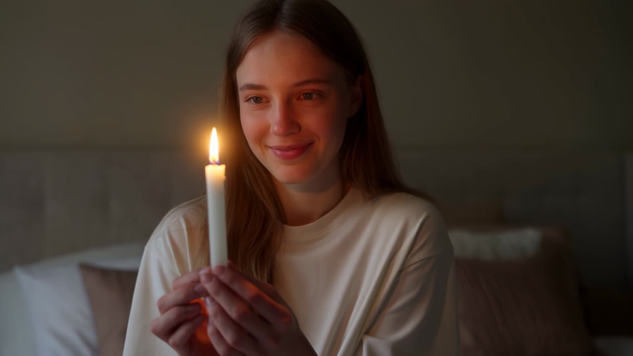 Giovane donna che sorride e tiene in mano una candela accesa in una stanza buia