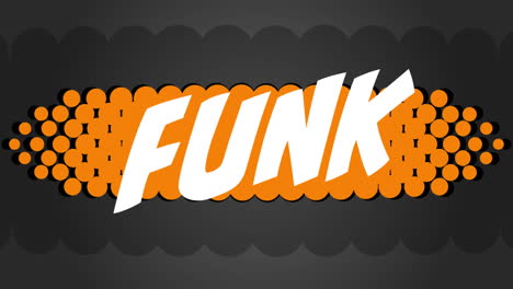 animation of funk in white text over banner of orange dots on black background